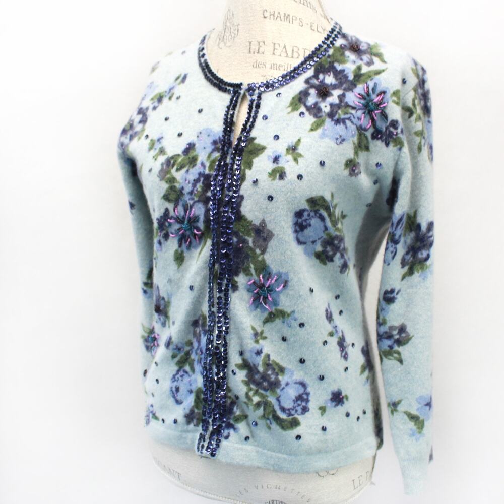 Amore Lambswool Blend Sweater Cardigan Cottagecore Beads Sequin Lined Floral L